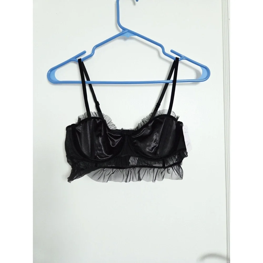 Auden Black Velvet Mesh Pleated Bralette Bra S‎ Lingerie Coquette Whimsigoth NEW